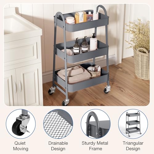 DUMOS 3 Tiers Rolling Cart, Utility Cart, Storage Organizer | Metal Lockable Wheels, Mobile Shelving Unit, Kitchen, Office, Bathroom, Laundry, Narrow Places, Gray - color: 3 Tiers Gray