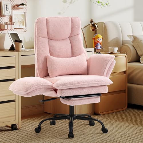 Wider Seat Office Chair with Flip Armrests for Criss Cross Legged&Cats, Big and Tall Executive Ergonomic Reclining Chair with Footrest&Lumbar Pillow, Teddy Fleece Desk Chair,Pink Vanity Chair - color: Pink