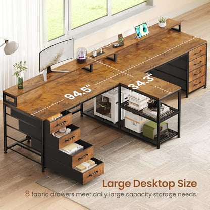 SEDETA 95" 2 Person Gaming Desk with 8 Drawers Storage Shelves,Rustic Brown | Double T Shaped Office Desk with LED Lights, Power Strip with USB & Monitor Stand for Home Office, Bedroom - color: Rustic Brown