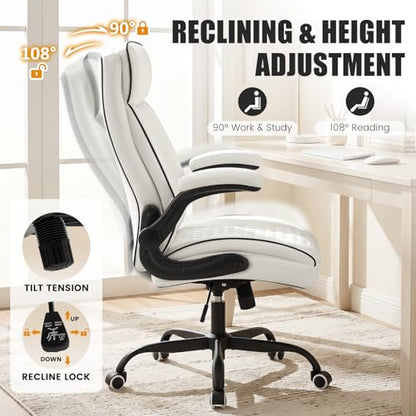 White Office Chair 400lbs, Modern Executive Desk Chair with Lumbar Support, Comfortable Computer Chair with Flip-up Armrests, Adjustable Height Swivel Reclining Chair for Home Office, Faux Leather - color: White-large