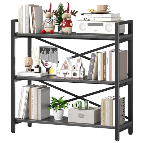 Homeiju 3 Tier Bookshelf 31.49" Width, Wood and Metal Etagere Bookcase, Vintage Farmhouse Modern Wooden Big Book Shelf for Home Living Room Bedroom Office Storage(Grey) - color: Grey, size: 3 Tier - 31.5" W