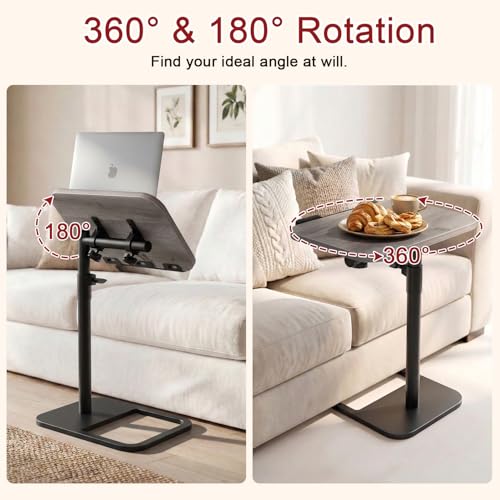 Height Adjustable Tv Trays Table for Sofa, Modern Angle Adjustable 360° Swivel and 180° Tilt Flip-Over Panel C Shaped Side Tables with Tablet Slots for Phone Computer (Grey) - color: Grey, style: Angle Tilt