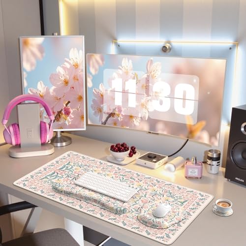 iCasso Desk Pad Mat, Large Mouse Pad and Keyboard Wrist Rest Set, Desk Protector Mat,4in1 Ergonomic Carpal Tunnel Keyboard Pad with Wrist Support for Desktop Cover Home Office Computer(Pink Flowers) - color: Pink Vine Flowers