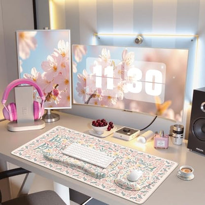 iCasso Desk Pad Mat, Large Mouse Pad and Keyboard Wrist Rest Set, Desk Protector Mat,4in1 Ergonomic Carpal Tunnel Keyboard Pad with Wrist Support for Desktop Cover Home Office Computer(Pink Flowers) - color: Pink Vine Flowers