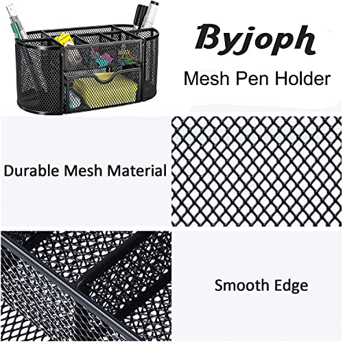 Black Mesh Pen Holder Desk Organizer Cute Office Supplies Pencil and Marker Organizers Oval Desk Caddy with 8 Compartments and 1 Drawer Workspace Accessories for Office School Home - style: Oval
