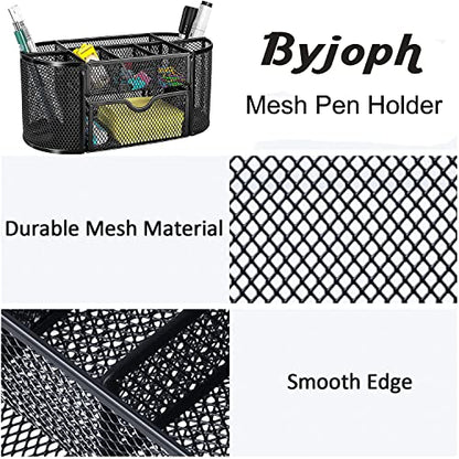 Black Mesh Pen Holder Desk Organizer Cute Office Supplies Pencil and Marker Organizers Oval Desk Caddy with 8 Compartments and 1 Drawer Workspace Accessories for Office School Home - style: Oval