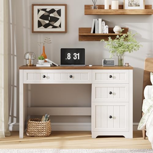 Vabches Farmhouse Executive Desk with 4 Drawers, Home Office Desk with File Drawer, Wood Computer Desk with Storage, Rustic Office Desk for Work Study Writing, Brown White - color: Brown White