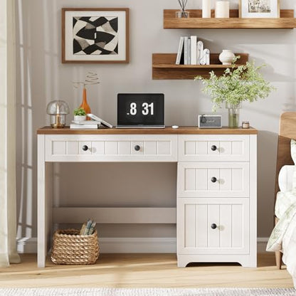 Vabches Farmhouse Executive Desk with 4 Drawers, Home Office Desk with File Drawer, Wood Computer Desk with Storage, Rustic Office Desk for Work Study Writing, Brown White - color: Brown White