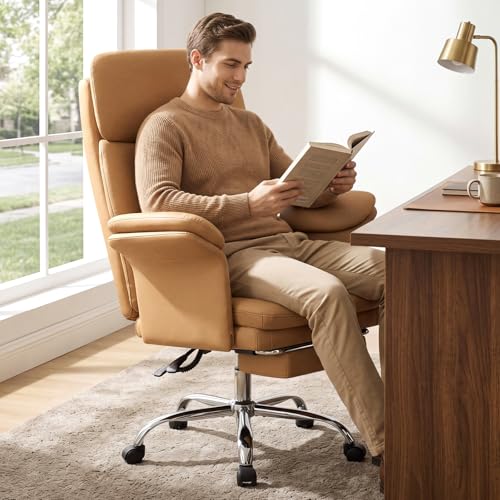 Executive Leather Office Chair with Footrest - High Back Ergonomic Desk Chair, Comfortable Lumbar Support, Soft Armrests, Adjustable Height Rocking Swivel Task Chair, Brown - color: Brown
