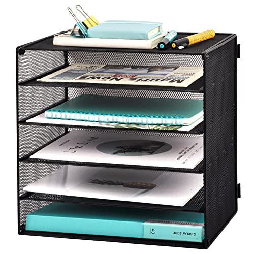 5 Slot Mesh Desk Organizer Tray, File Paper Letter Folder Holder Desktop Paper Sorter Mail Organization Rack Storage Accessories, for Office Home School Classroom, Black - color: 5 Tier Black