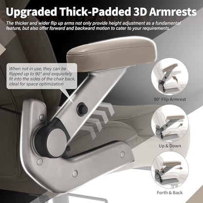 Big and Tall Office Chair 700lbs, Ergonomic High Back Computer Desk Chair | Adjustable Headrest&Lumbar Support, 3D Flip Arms, Large Wheels, Heavy Duty Metal Base, Thick Padded Wide Seat Executive Chair - color: Khaki