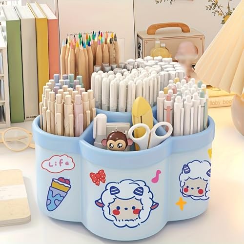 Desk Pencil Pen Holder - 5 Slot 360 Degree Rotating Desk Pen Organizer for Desktop Storage Stationery Supplies Cup Pot-Sky Blue - color: Sky Blue