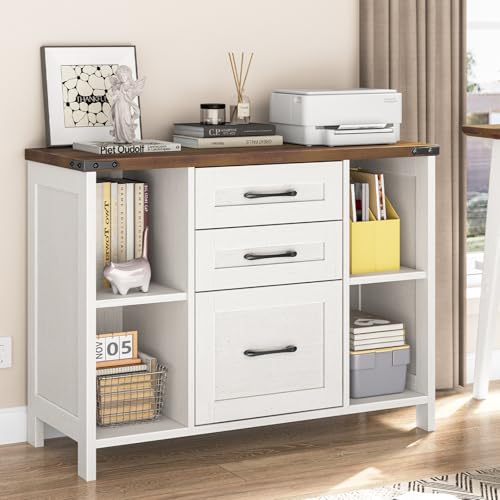 Vabches File Cabinet with 3 Drawers, Farmhouse Lateral File Cabinet Fits Files Letter/A4 Size, Wooden Filing Cabinet with Adjustable Shelves Printer Stand for Home Office, White - color: White and Brown