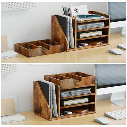 Wood Desk File Organizer with Side File Rack, Space-Efficient Design Easy to Assemble for Efficient Office Setup, Reduces Desk Clutter (Brown) - color: Brown