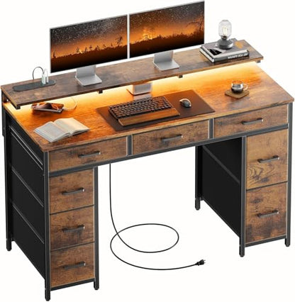 HLDIRECT 47 Inch Gaming Desk with LED & 8 Storage Drawers, Rustic Brown - color: Rustic Brown