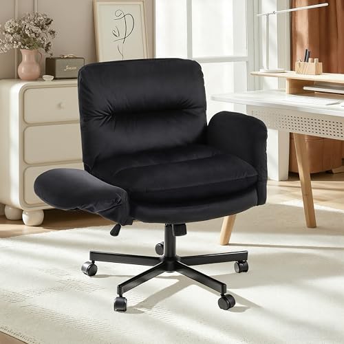Bestier Criss Cross Chair with Flip-Up Arms, Black Velvet Office Chair | Swivel Makeup Vanity Chair with Wheels 2 Side Pockets, Cross Legged Office Chair for Home Office Bedroom Gaming - color: Black Velvet, size: Low Back
