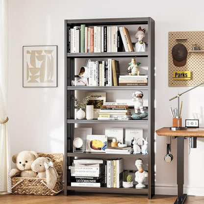 69" 5 Tier Metal Bookcase, Sturdy Storage Bookcase Book Stopper (Black) - color: Black, size: 69"H*34"W