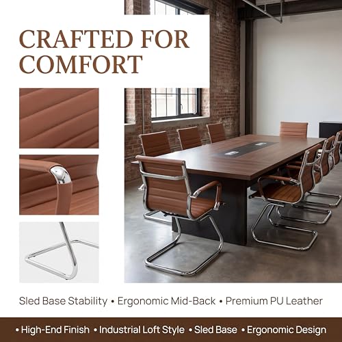 Conference Room Chairs Set of 8, Waiting Room Chairs with Arms, Reception & Waiting Room Seating, No Wheels Meeting Chairs with Mid Back Support and Chrome Sled Base, Cafe - color: Cafe, size: 8PCS