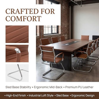 Conference Room Chairs Set of 8, Waiting Room Chairs with Arms, Reception & Waiting Room Seating, No Wheels Meeting Chairs with Mid Back Support and Chrome Sled Base, Cafe - color: Cafe, size: 8PCS