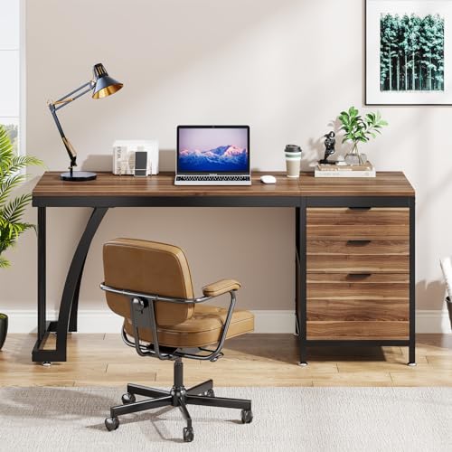 Tribesigns 59 Inch Computer Desk with 3 Drawers, Industrial PC Desk Study Writing Table Workstation with File Storage, Home Office Desks with Large Desktop and Metal Frame (Walnut) - color: Walnut