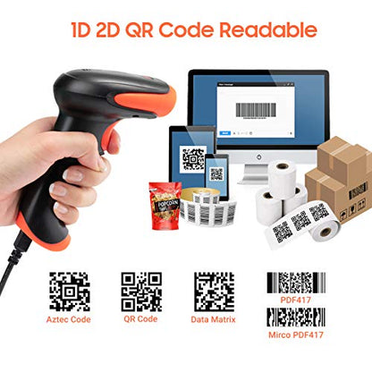 Tera Barcode Scanner Wireless with Stand: 1D 2D QR 3-in-1 Connection HW0001 | 640*480 CMOS Rolling, 2.4G BT USB, 2200mAh, Read Screen Paper Codes, PDF417, Prefix Suffix, Warehouse Retail Library School - color: 2D with stand orange