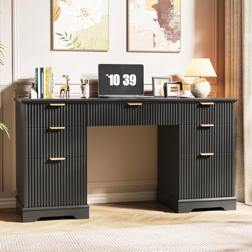Vabches 59" Fluted Desk with Storage Drawers for Home Office, Pure Black | Executive Desk, Wood Computer Desk, Adjustable File Drawers,for Study, Living Room, Bedroom - color: Pure Black, size: 59" W