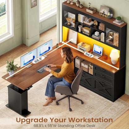 SEDETA 69" L Shaped Gaming Standing Desk with 4 Drawers, Storage Bookshelf - color: Black, size: 68.9" Standing Desk with Bookshelf