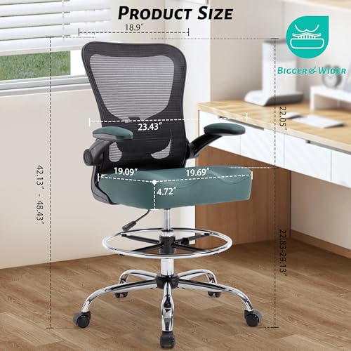 500LBS Ergonomic Drafting Chair Tall Office Chair for Counter Height or Standing Desk, Executive High Office Chairs with W-Shaped Thick Seat Cushion, Footrest Ring & Breathable Mesh, Dark Green - color: Black Frame Dark Green Fabric