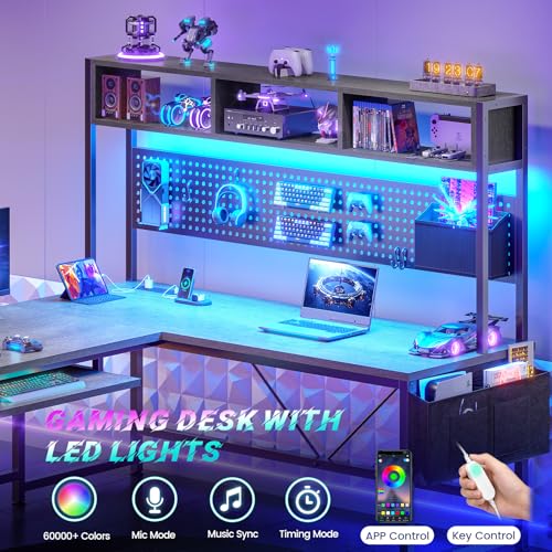 SEDETA L Shaped Office Desk with Hutch, Reversible 94.5" Computer Desk | L Shaped Gaming Desk with LED Light, Keyboard Tray, Storage Shelves and Headphone Hook for Home Office, Grey - color: Grey With Power Outlet and Pegboard