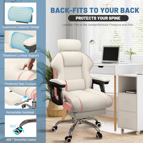 Executive Computer Chair Home Office Desk Chair,Adjustable Angle, Ergonomic Adjustable Height PU Leather Chairs with Cushions Armrest for Long Time Seating-High Office Chair with Footrest - color: White and Pink