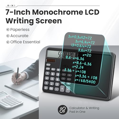 Desk Calculator with 7" LCD Writing Tablet, Stable Foldable Kickstand with Ergonomic 15° Viewing Angle, 12-Digit Large Display, Solar & Battery Dual Power, 2-in-1 Notepad Calculator -Black
