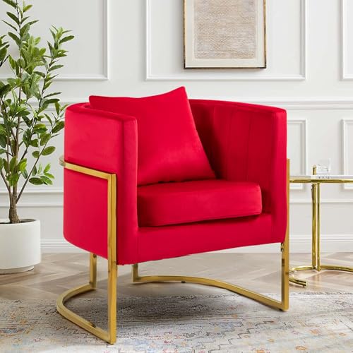 Velvet Accent Chair, Modern Barrel Arm Chair for Living Room/Bedroom/Guest Reception, Upholstered Club Armchair with Pillow & Gold Base, Red - color: Red, size: 1 PC