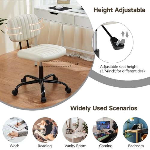 Armless Office Chair, Swivel Rolling PU Leather Vanity Chair with Back Lumbar Support Height Adjustable Computer Chair, Small Desk Chair for Home Office (Beige White) - color: Beige White