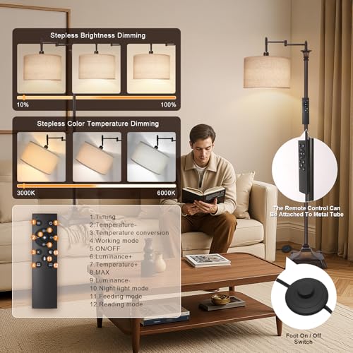 Scenekoy 68” Tall Swing Arm Floor Lamp with Remote for Living Room Bedroom - color: Antique Brown