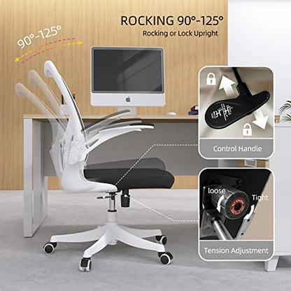Monhey Office Chair - Ergonomic Office Chair with Lumbar Support & Flip Up Arms Home Office Desk Chairs Rockable High Back Swivel Computer Chair White Frame & Black Mesh Study Chair - color: White+black