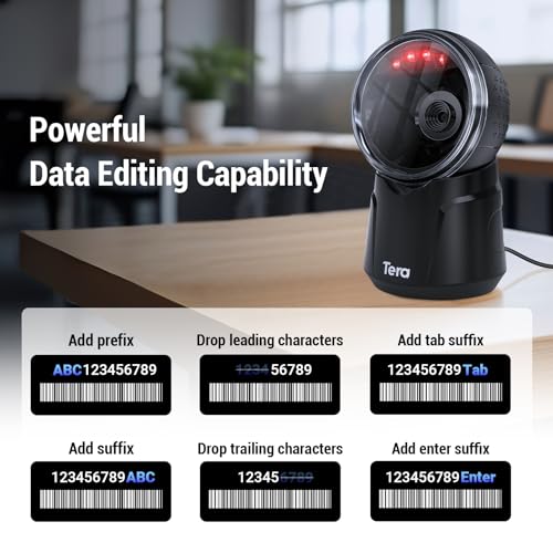 Tera Barcode Scanner Desktop Omnidirectional: 2D USB Adjustable Head 9000 | 360° Scan, Handsfree, Plug & Play, Read 1D 2D QR Screen Paper Codes, Continuous Sensor Modes, Inventory Retail Payment School