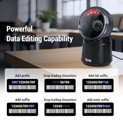 Tera Barcode Scanner Desktop Omnidirectional: 2D USB Adjustable Head 9000 | 360° Scan, Handsfree, Plug & Play, Read 1D 2D QR Screen Paper Codes, Continuous Sensor Modes, Inventory Retail Payment School