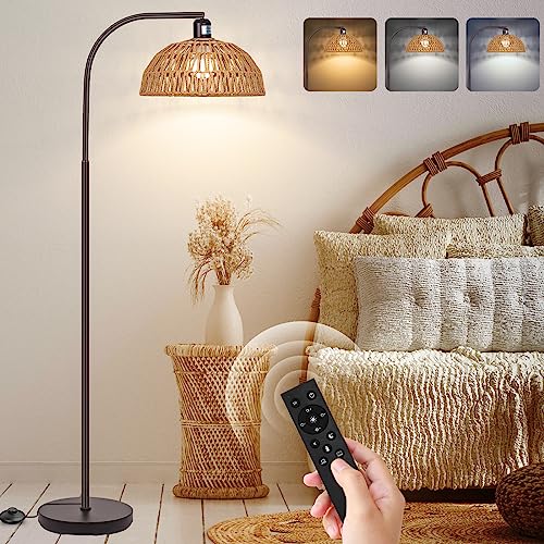 Brilvibera Boho Floor Lamp with Remote and Dimmable Bulb | Bronze Tall Lamp with Stepless Dimmable Bulb and Adjustable Rattan Shade for Living Room, Bedroom, Office - style: Bronze Rattan Standing Floor Lamp