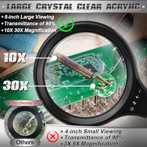 NZQXJXZ 10X 30X Large Magnifying Glass with Light and Stand, 5-inch LED Lighted Magnifier, 3 Color Modes Stepless Dimmable, Hands-Free Magnifying Glass Desk Lamp for Reading Craft Hobby Close Work