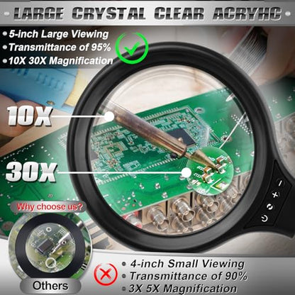 NZQXJXZ 10X 30X Large Magnifying Glass with Light and Stand, 5-inch LED Lighted Magnifier, 3 Color Modes Stepless Dimmable, Hands-Free Magnifying Glass Desk Lamp for Reading Craft Hobby Close Work