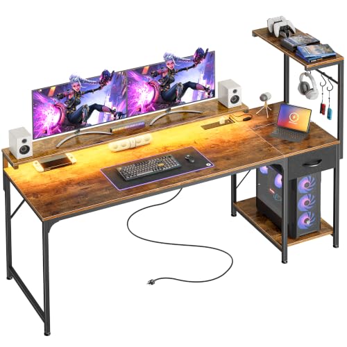 PRAISUN 63 Inch Gaming Desk with LED Lights & Power Outlets - color: Rustic Brown, size: 63 Inch