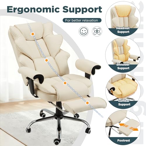Ergonomic Executive Office Chair, 6-Point Massage Manager Chair with Heating Function, Adjustable Backrest Home Office Chair with Adjustable Footrest and Armrests (Beige) - color: Beige