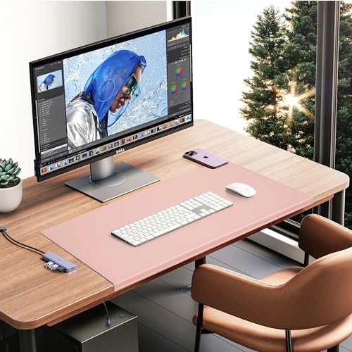 AKOZLIN 27.55”x 15.8" Soft PU Leather Surface Office Desk Mouse Mat Anti-Push Pad with Full Grip Fixation Lip Table Blotter Edge-Locked Protector Pink - color: Pink, size: 27.55”x15.8"