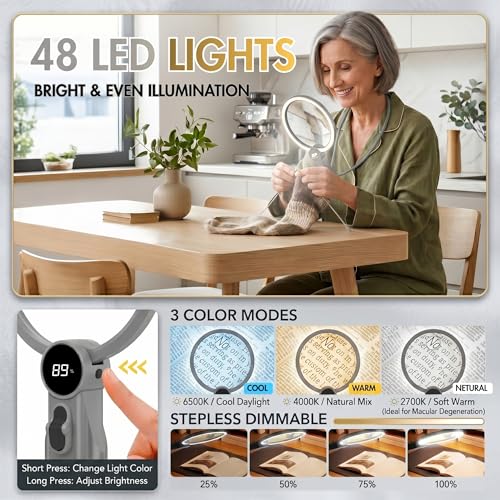 MAGNIPROS Hands-Free Magnifying Glass with Light for Seniors, 5X/10X Rechargeable GooseNeck Magnifier, 3 Color Light Modes, LCD Display, Reading, Sewing, Crafts