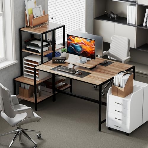 HOMCOM 67" Gaming Desk Reversible Computer Desk for Home Office Brown | Monitor Stand, 4-Tier Storage Shelves