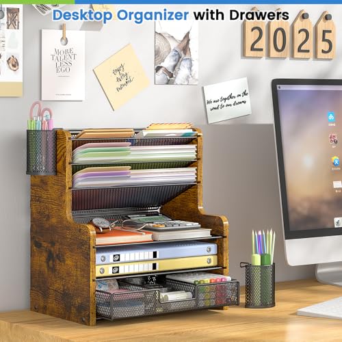 DAOUTIME 6-Tier Mesh Desk Organizer with Drawer, Wooden Office Organizer for Papers, Folders & Office Supplies - Sturdy Desktop File Holder with 2 Pen Holders - Space Saving Home Office Accessories
