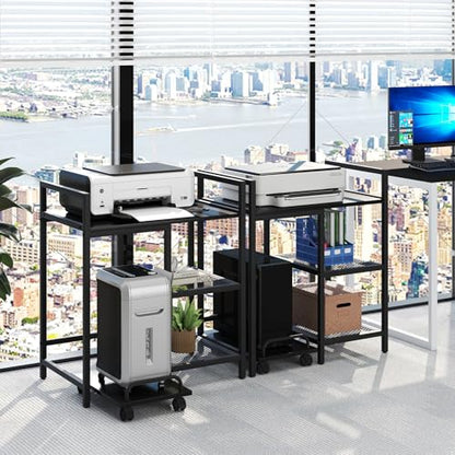Giantex 3-Tier Printer Stand with Charging Station, 2 Open Storage Shelves, Side PC Stand on Wheels, 25" x 16" Mobile Printer Table for Computer Tower, Printer Shredder, Fax, Under Desk, Home Office - color: Black