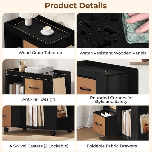 Yaheetech Narrow End Table Storage Drawer Rolling Shelves, Black | Open Shelves | Magazine Rack | Rolling Wheels | Wooden Construction | Living Room & Bedroom - color: Black