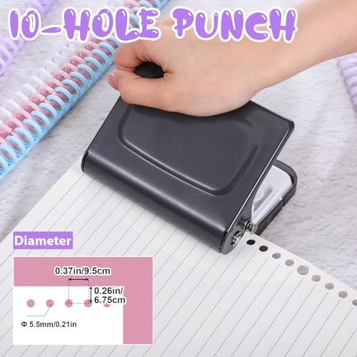 10 Hole Binding Machine for Planners with 10PCS 30Hole Spiral Binding Coils | Metal Manual Binding System, Punches 26 Holes on B5, 30 Holes on A4, 20 Holes on A5 Paper, Black