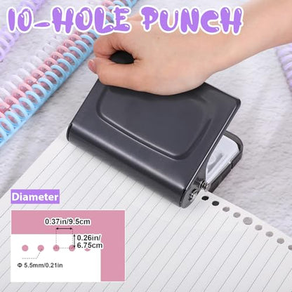 10 Hole Binding Machine for Planners with 10PCS 30Hole Spiral Binding Coils | Metal Manual Binding System, Punches 26 Holes on B5, 30 Holes on A4, 20 Holes on A5 Paper, Black